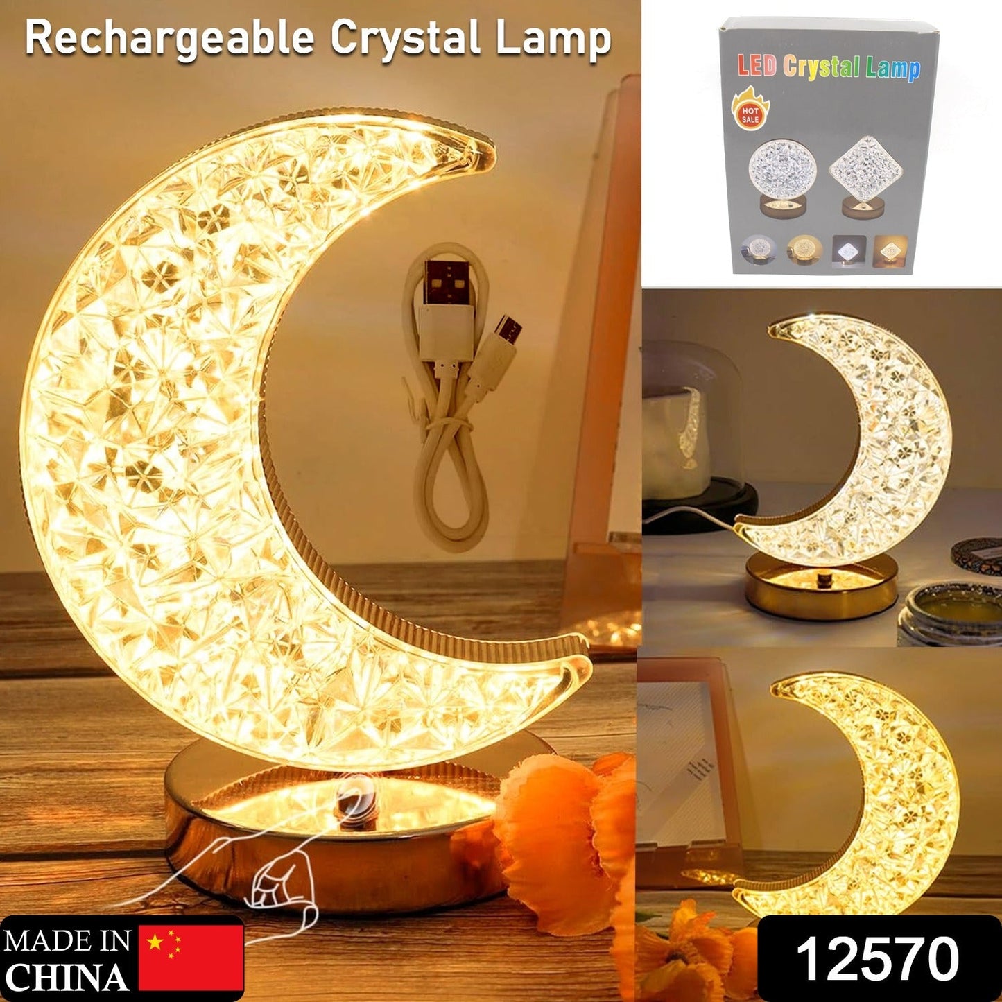 Crystal Table Lamp | Moon Shape Touch Control Lamp with 3 Color | Metal Bedside Lamp for Kids Bedroom Romantic Desktop Nightstand | Stepless Dimming USB Charging Touch Night Light - Springkart 