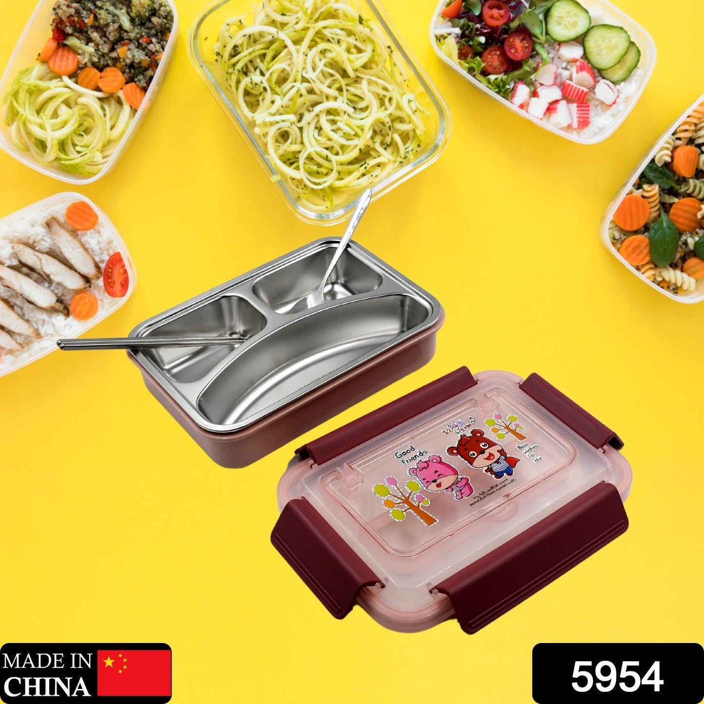 Food‑Safe Materials Kids Lunch Box With steel Spoon & chopsticks Compartment is Designed Made of 304 Stainless Steel Easy to Clean for School for Camping for Work for Home, Office - Springkart 