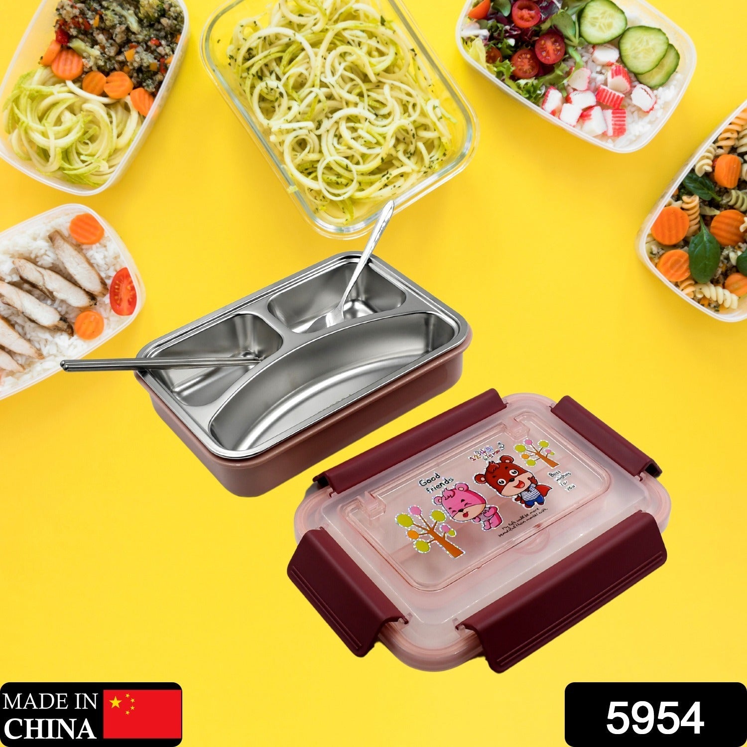 Food‑Safe Materials Kids Lunch Box With steel Spoon & chopsticks Compartment is Designed Made of 304 Stainless Steel Easy to Clean for School for Camping for Work for Home, Office - Springkart 