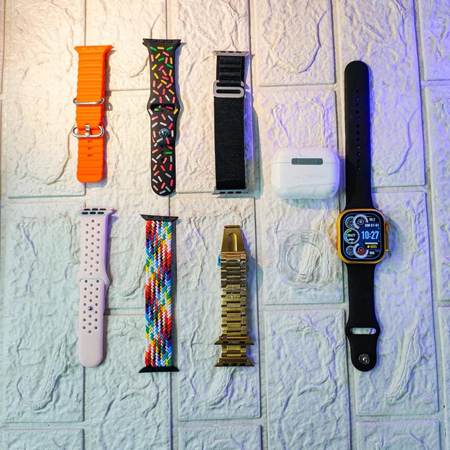 10 In1 Set Ultra Smart Bluetooth Calling Smartwatch + Earphones With Transparent Screen Guard Watch With Seven Classic Straps (Mix Color) - Springkart 