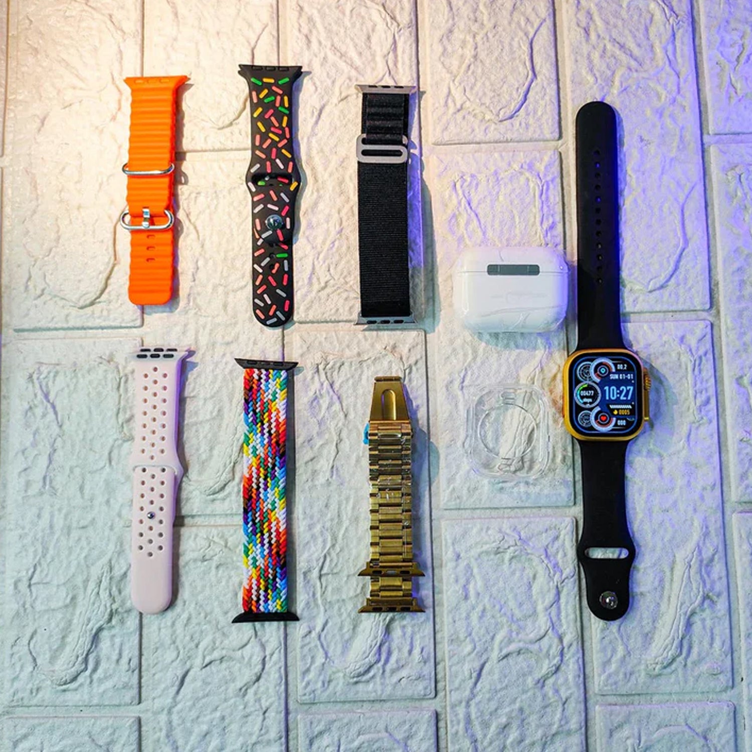 10 In1 Set Ultra Smart Bluetooth Calling Smartwatch + Earphones With Transparent Screen Guard Watch With Seven Classic Straps (Mix Color) - Springkart 