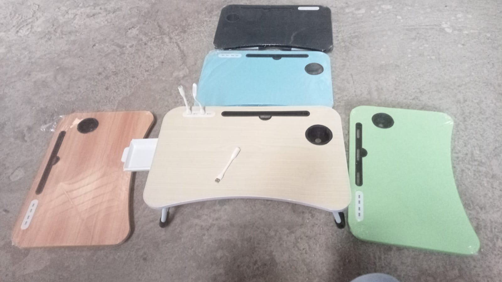 MultiPurpose Study Table Foldable Portable Notebook Bed Lap Desk Tray Stand Reading Holder with Coffee Cup Slot, Drawer, Fan, USB Cable & Light for Breakfast, Reading & Movie Watching (1 Pc Mix Color) - Springkart 