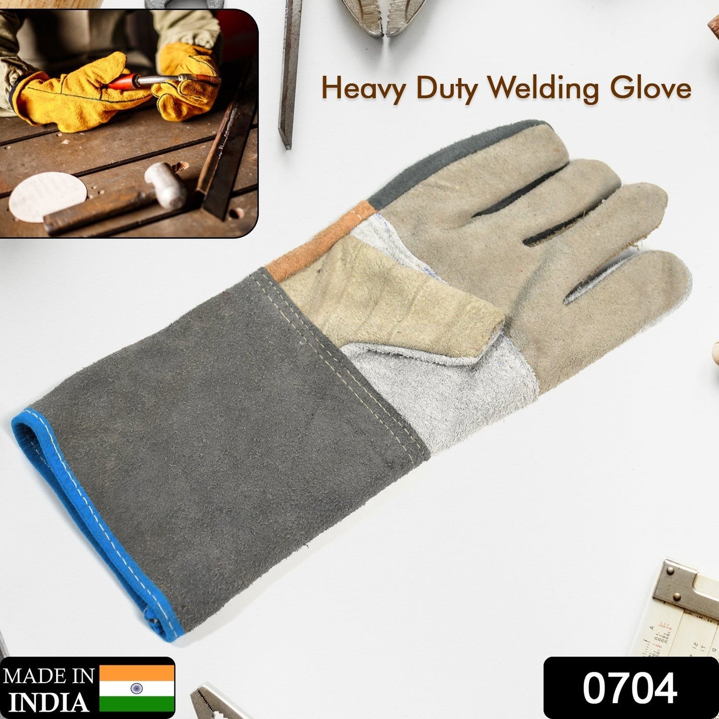 Heat-resistant welding gloves for protection.