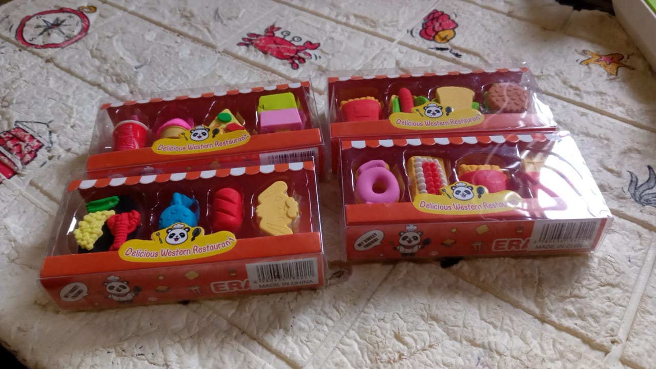 Kids' erasers set featuring food and drink designs