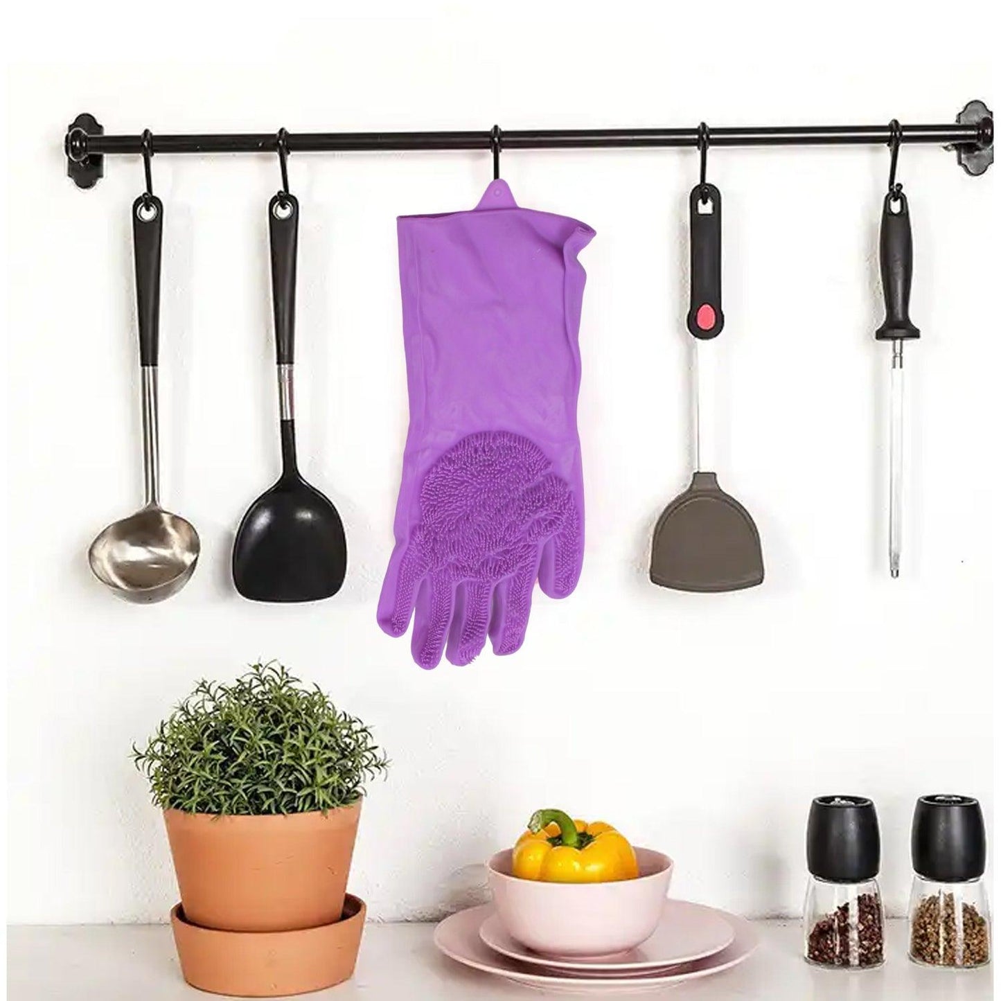 0712 Dishwashing Gloves With Scrubber Silicone Cleaning Reusable Scrub Gloves For Wash Dish Kitchen Bathroom Pet Grooming Wet And Dry Glove (1 Pc Left Hand Gloves) - Springkart 