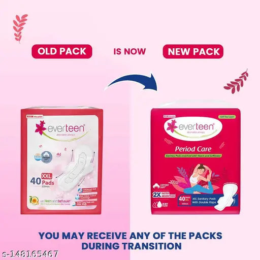 everteen Period Care XXL Soft 40 Sanitary Pads 320mm with Double Flaps enriched with Neem and Safflower - 2 Packs (40 Pads Each) - Springkart 