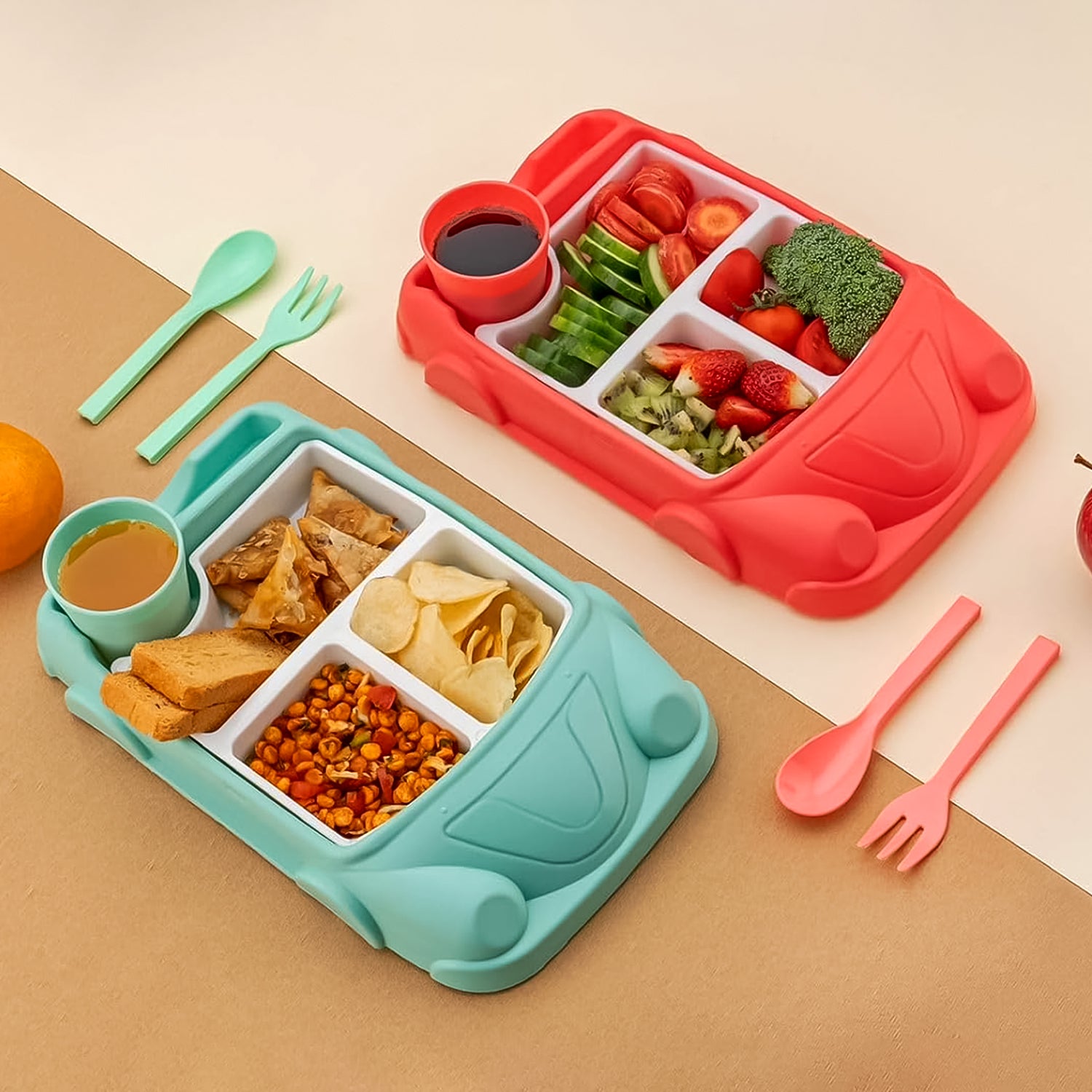 Kids Car Shaped Plates Cup Lunch Box Dinnerware Set (4 Pcs Set 1000 Ml Lunch Box) - Springkart 