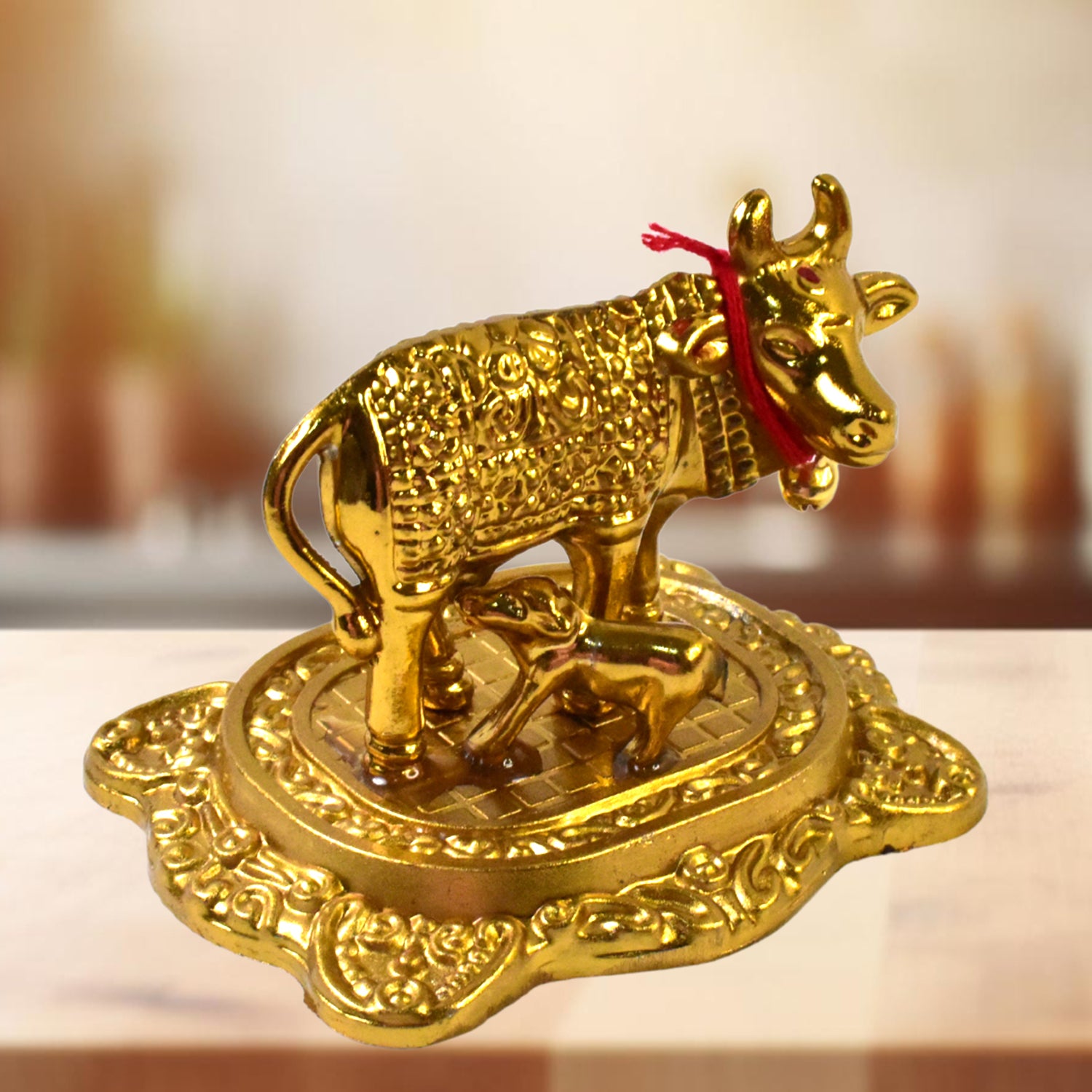 Metal Golden Kamdhenu Cow With Calf (1 Pc) - Springkart 