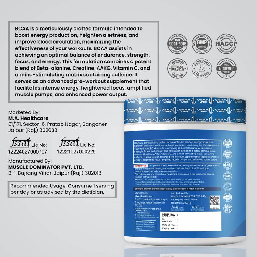 QUENCHLABZ BCAA + Glutamine - Muscle Recovery Supplement BCAA (240 g, Candy Orange)