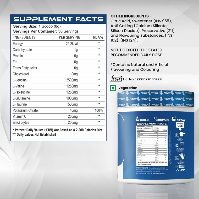QUENCHLABZ BCAA + Glutamine - Muscle Recovery Supplement BCAA (240 g, Candy Orange)