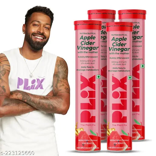 PLIX - THE PLANT FIX Apple Cider Vinegar 15 Effervescent Tablet with mother, Vitamin B6 & B12, Pack of 4 (Watermelon) No added Sugar, Easy to carry