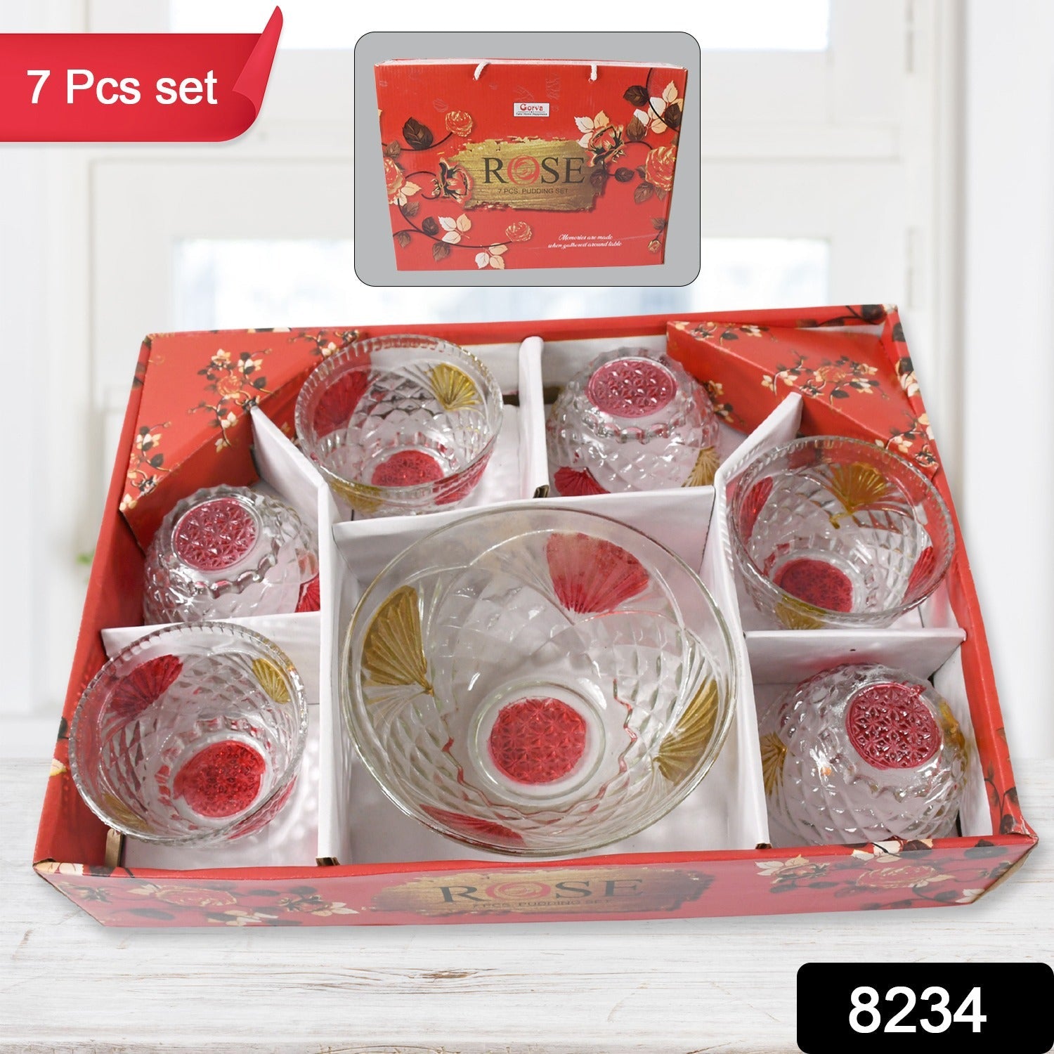 Rose glass Multipurpose Pudding / Dessert / Ice Cream Bowl Set for Home use, Home & Kitchen Serving Bowl for Sundae, Sweets, Snacks, Fruit, Pudding, Nuts or Dip, Serving Bowls 6 Medium & 1 Big Bowl (Set of 7 pc) - Springkart 