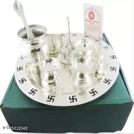 9 Inch Swastik Pooja Thali With Free Chandan, Silver Plated (9 Pieces, Silver)