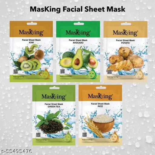 MasKing Beauty face mask pack of Kiwi, Avocado, Potato, Green Tea & Rice, 100ml (Combo Of 5)