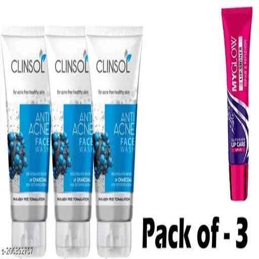 Clinsol Anti Acne Face wash + 1 Myglow Lip Shiner Free Pack of - 3 - Springkart 