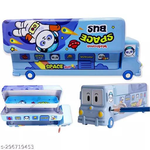 Bus Shape Pencil Box (Blue) School Bus Metal Geometry Box for Kids - Springkart 