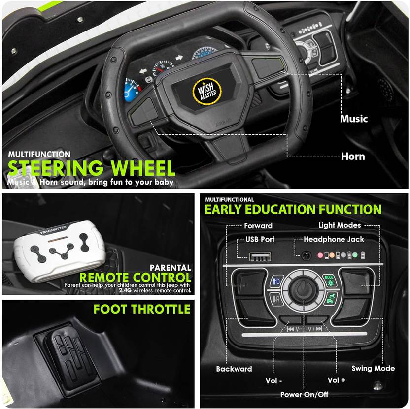 Wishmaster Big Jumbo Size 4x4 Off-Road Electric Car With Openable Doors Big Wheels Jeep Battery Operated Ride On  (White)