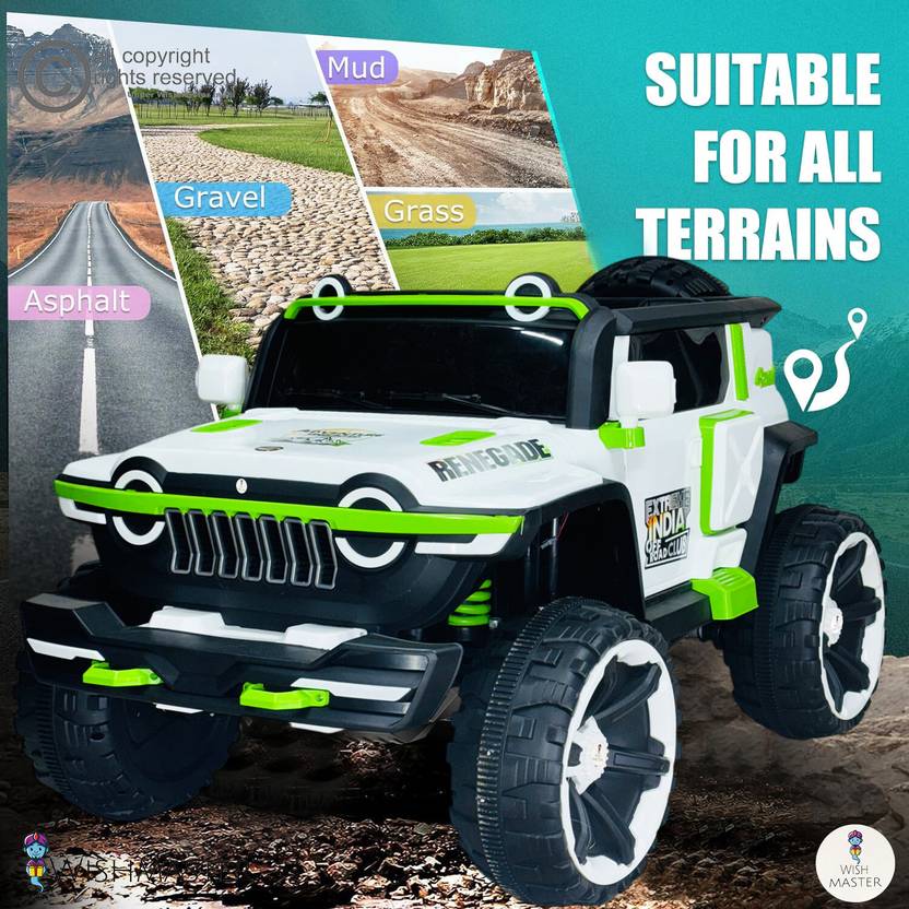 Wishmaster Big Jumbo Size 4x4 Off-Road Electric Car With Openable Doors Big Wheels Jeep Battery Operated Ride On  (White)