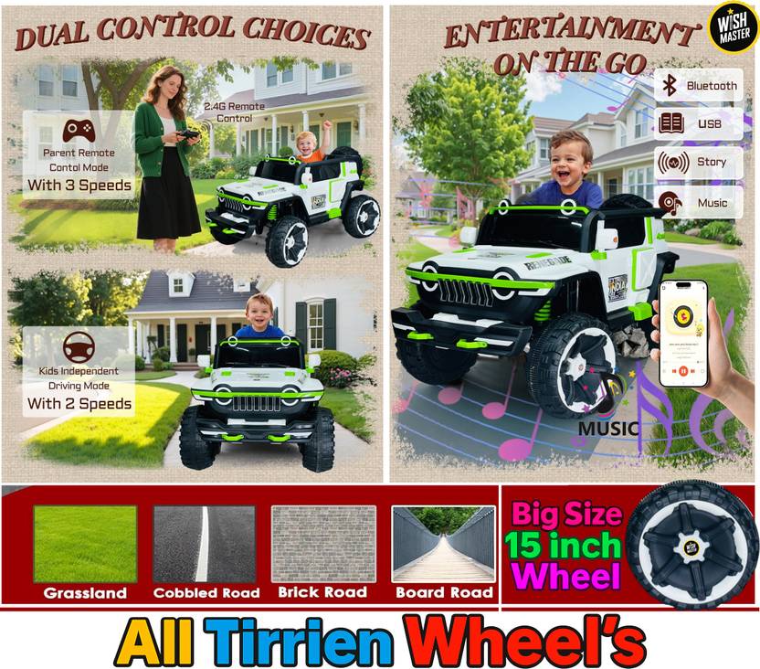Wishmaster Big Jumbo Size 4x4 Off-Road Electric Car With Openable Doors Big Wheels Jeep Battery Operated Ride On  (White)