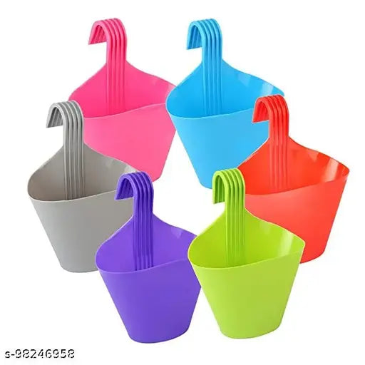 Plastic Single Hook Hanging/Railing Pot Planter Flower Pots, Multicolour Set (Pack of 6)-Medium Size