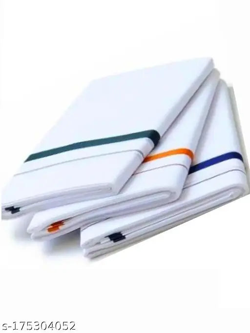 2 Meters, White bleached Dothy, Mundu, Colour Border- Cotton Dhothy 3 pcs (Multi- Color Border)