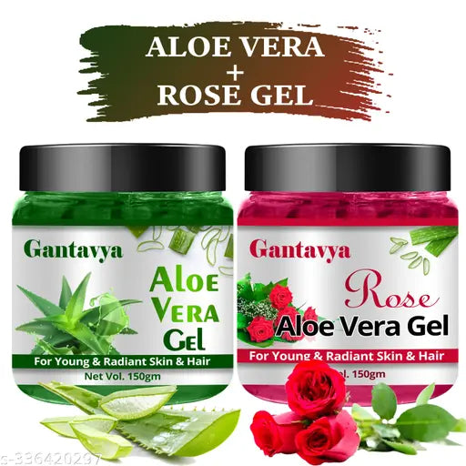 Gantavya Naturals Pure (Aloe vera Gel (150g) + Rose Gel(150g)) -Aloe vera-Rose Gel for Skin Acne, Scars, Dark spots Face & Hair Care  smooth, silky Hair & soft skin. For All Skin & Hair Types (150gm) combo