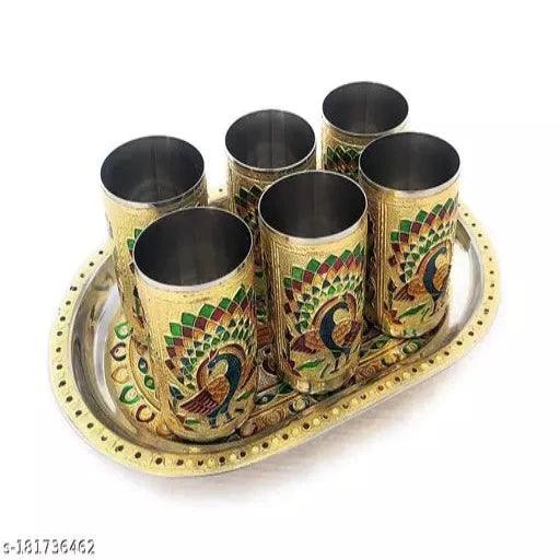 Handicrafts Golden Meenakari Glass Tray Set Stainless Steel Tray Glasses , Peacock Designed Handcrafted Steel Tray - Springkart 