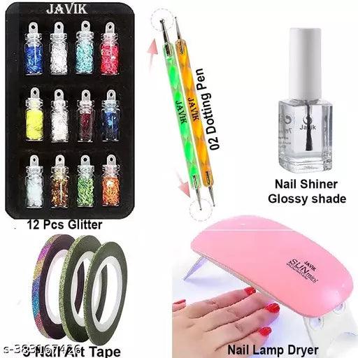 Nail Art Combo Nail Polish Nail Glitter Nail Tape Nail Doting Pen.,ED UV Light Nail polish dryer Pack Of 5 - Springkart 