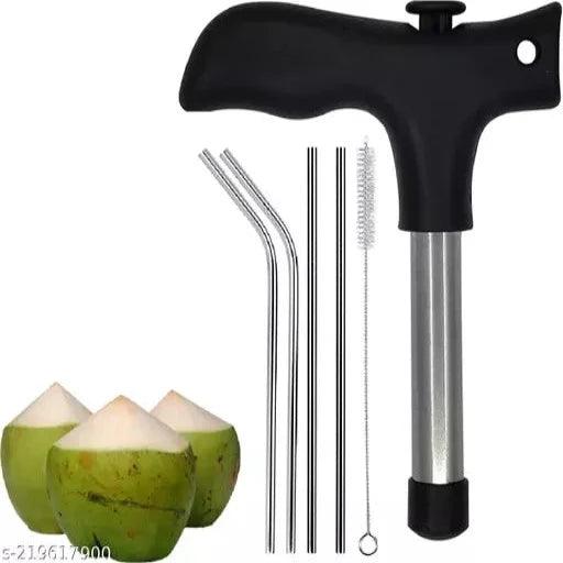 Premium Coconut Opener Tool with 4 Reusable Straws and Brush Straight Peeler metal straw Coconut cutter, combo of straws & coconut opener tool (1 coconut peeler & 2 bent straws 2 straight straw 1 cleaning brush ) - Springkart 