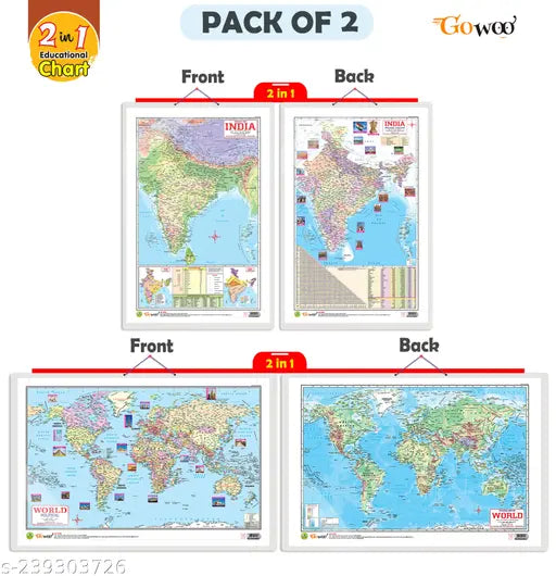 Set of 2 | 2 IN 1 INDIA POLITICAL AND PHYSICAL MAP IN ENGLISH and 2 IN 1 WORLD POLITICAL AND PHYSICAL MAP IN ENGLISH Educational Charts | 20"X30" inch