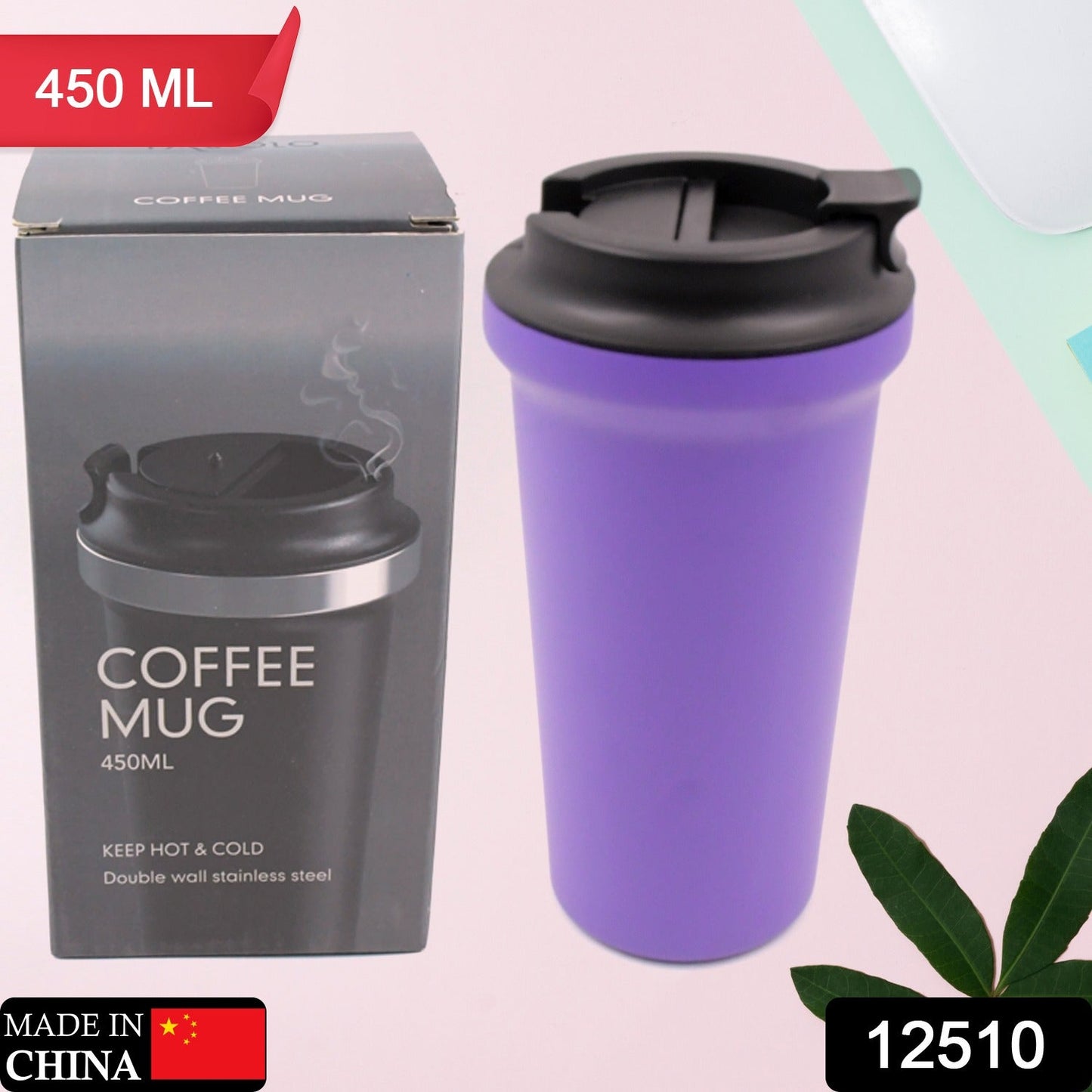 Inside Stainless Steel & Outside Plastic Vacuum Insulated Insulated Coffee Cups Double Walled Travel Mug, Car Coffee Mug with Leak Proof Lid Reusable Thermal Cup for Hot Cold Drinks Coffee, Tea (1 Pc 450ML) - Springkart 