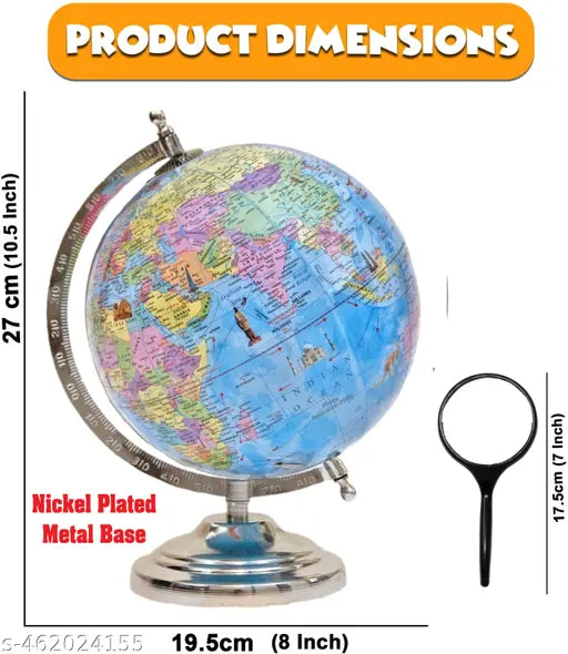 8 Inch Educational Chrome Finish World Globe with Magnifying Glass