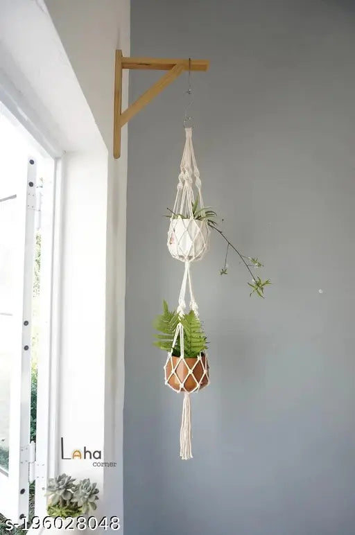 Macrame Double Plant Hanger 2 Tiers Handwoven Cotton Indoor Outdoor Plant Hanging Decor  hanging planters
