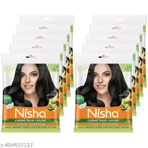 Nisha Cream Hair Color Rich Bright Long Lasting Hair Colouring For Ultra Soft Deep Shine 100% Natural Herbs 40gm Natural Black (Pack of 10)