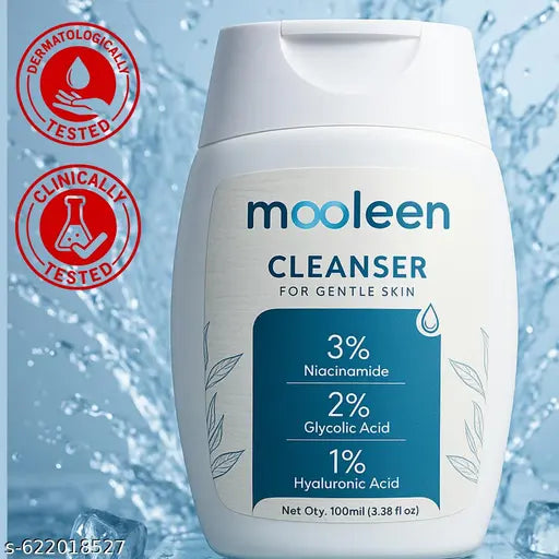 Mooleen Gentle Exfoliating Face Wash Cleanser | 3% Niacinamide + Glycolic & Hyaluronic Acid | Brightening, Unclogs Pores, Hydrates Skin | For Men & Women