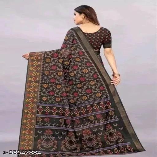 BRASSO COTTON SAREE Blend Black Brocade attractive zari patta Saree With Blouse - Springkart 