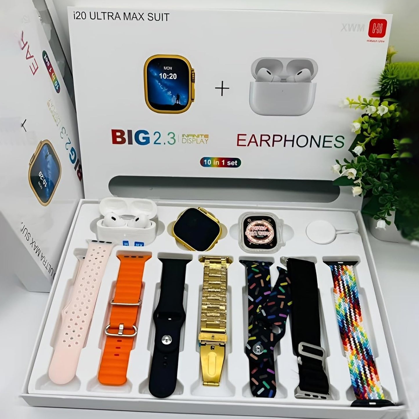 10 In1 Set Ultra Smart Bluetooth Calling Smartwatch + Earphones With Transparent Screen Guard Watch With Seven Classic Straps (Mix Color) - Springkart 