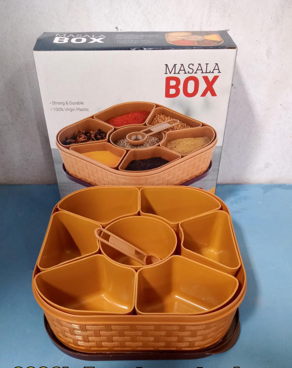 Masala Box for Keeping Spices, Spice Box for Kitchen, Masala Container, Plastic Wooden Style, 7 Sections (Multi Color). - Springkart 