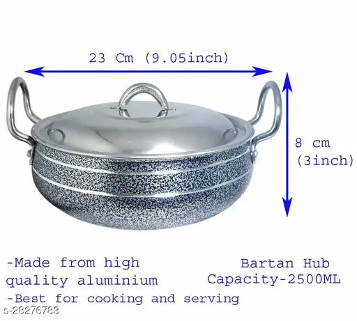 Bartan Hub  Cook and Serve Kitchen Handi With Lid (2500 ml , Aluminium Made with Hammer Coating) Kadhai 23 cm with Lid  (Aluminium)
