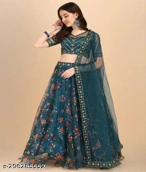 FULPARI Embroidered Semi Stitched Lehenga Choli (Light Blue) - Springkart 