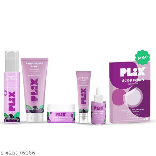 PLIX - THE PLAN FIX | Jamun Active Acne Regime For Unisex, 2% salicylic acid Toner, Serum, Facewash, Moisturizer, & Spot Corrector Gel with FREE Acne Patch