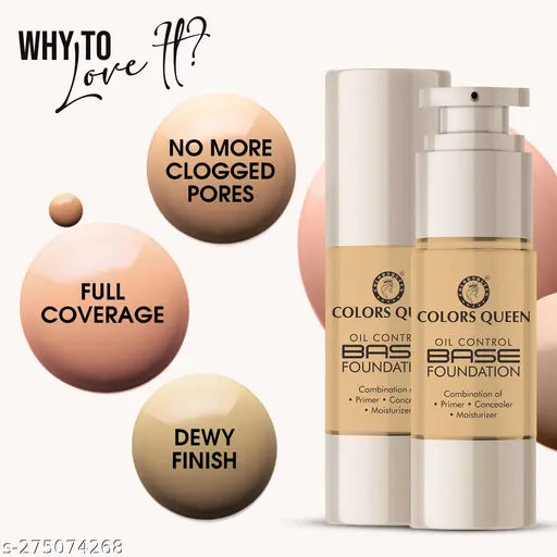 Colors Queen Oil Control Base Foundation with Combination of Primer, Concealer, Moisturizer (Natural Almonds, 30ml)