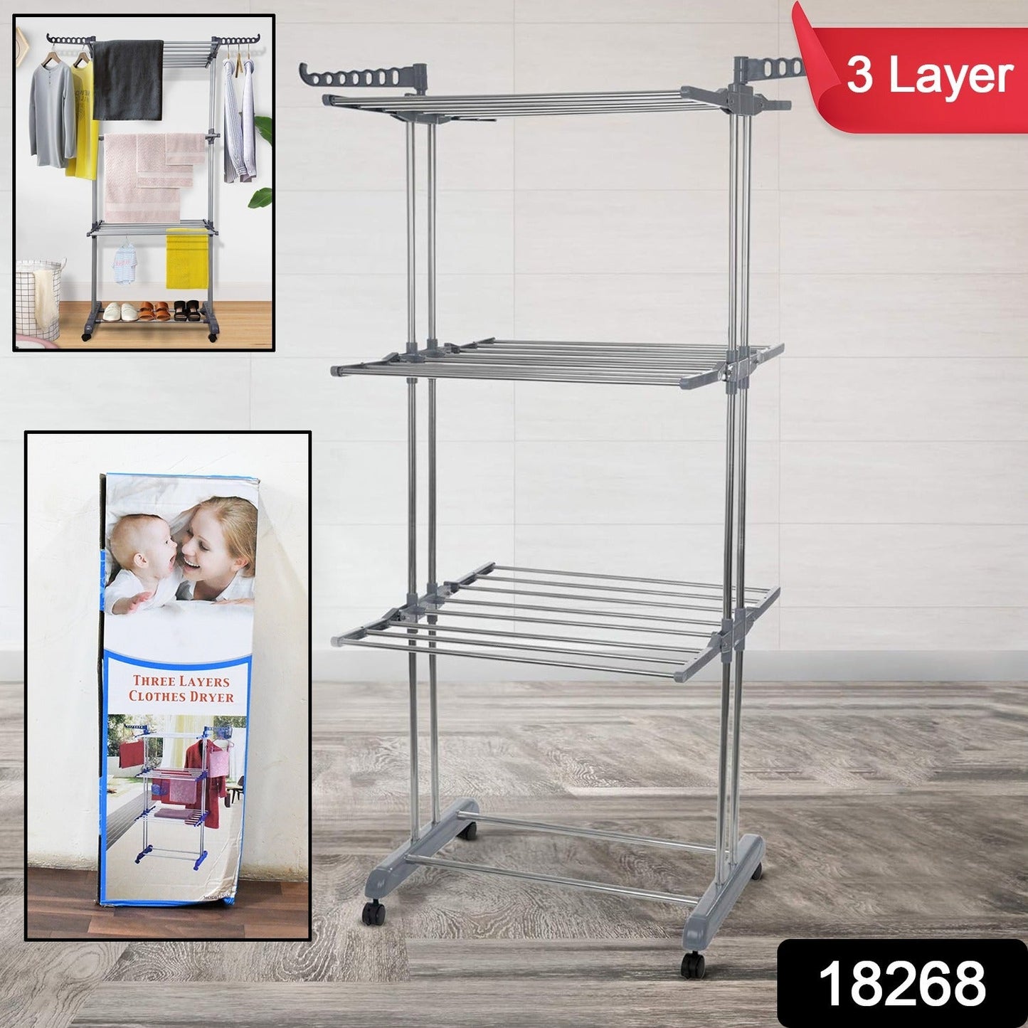 Premium Heavy Duty Stainless Steel 3 Layer Foldable Cloth Drying Stand (1 Set / With Color Box) - Springkart 