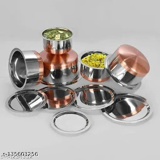 Supreme Stainless Steel Copper Bottom Handi Set of 5 Piece/Tope/Stainless Steel Utensils/Tapeli/Tapela/Tea Milk Pot Pan Size: 500ml,900ml,1300ml,1700ml,2100ml (Stainless Steel Tope with Lids)(Best Quality)