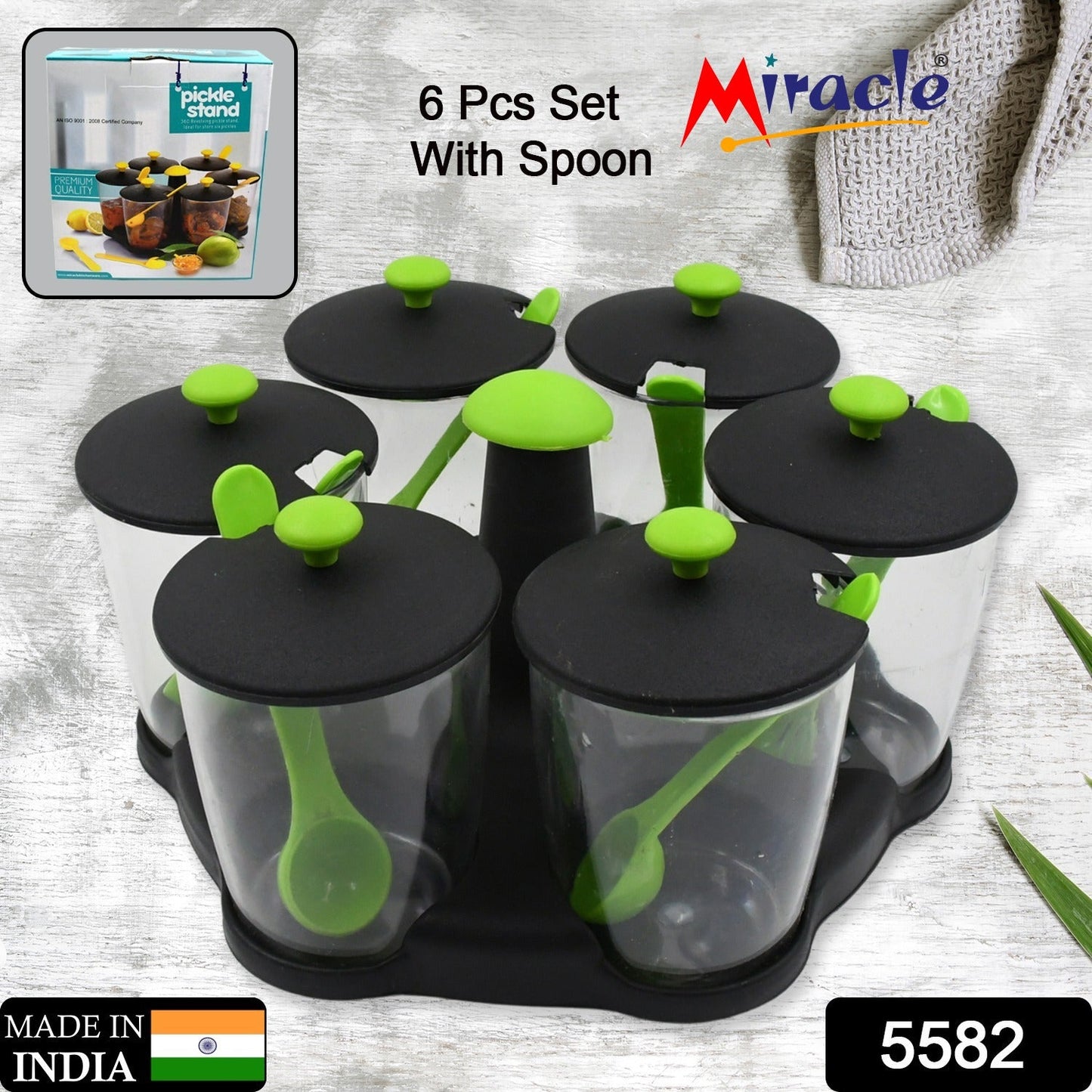 Multipurpose 6 Piece Miracle Revolving Plastic Spice Container Rack With 6 Spoon, Condiment Set, Masala Rack Set, Revolving Spice Rack Aachar Container Chutney Mukhwas Tray Masala Dining Spice Stand - Springkart 
