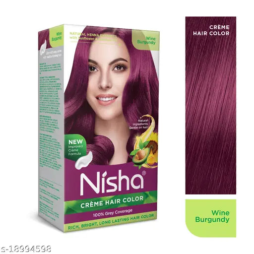 Nisha Cream Hair Color Rich Bright Long Lasting Hair Colouring For Ultra Soft Deep Shine 100% Grey Coverage Conditioning With Natural Herbs 120gm (Wine Burgundy,Pack of 1)
