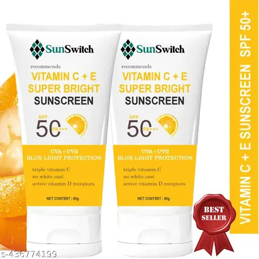 Sunscreen - SPF 50 PA+++ Vitamin C+E Super Bright Sunscreen, SPF 50 PA+++ (60 g) pack of 2