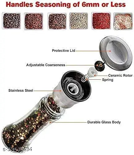 TDA Steel Salt and Pepper Grinder Adjustable Ceramic Sea Salt Grinder & Pepper Grinder - Tall Glass Salt and Pepper Shakers - Pepper Mill & Salt Mill