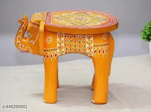 Hand Painted Decorative wooden Elephant Stool Handcrafted (Yellow/Orange), 8 Inches