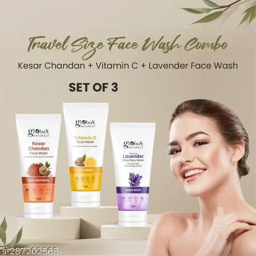 Globus Naturals Face Care Combo -Kesar Chandan, Vitamin C, Lavender, Face Wash 75 gm Each (pack of 3)